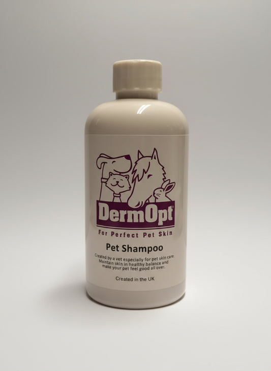 DermOpt pet shampoo bottle on a white background