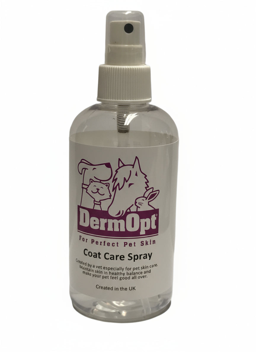 DermOpt coat care spray bottle on a white surface with a gray background