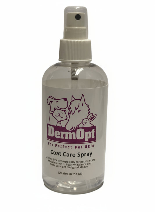 DermOpt coat care spray bottle on a white surface with a gray background